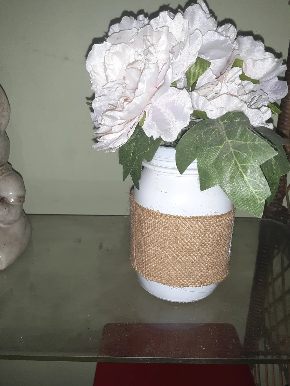 Neutral White Mason Jar Vase with 'Blessed' Burlap Band and Light Pink Flowers